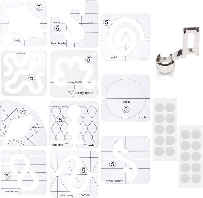 AUMACHEN 14 PCs Free Motion Quilting Template Set Includes 11 Quilting Templates 3mm, High Shank Ruler Foot, Non-Slip Grips, Free Motion Quilting Rulers and Templates for DIY Quilting on Sewing Machine - Image 1